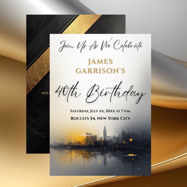 Convites Festa de Aniversário de 40 anos Moderna Preta com  (Modern 40th Birthday Party Black with Gold Invitation)