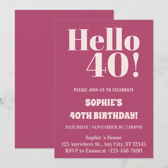 Convites Festa de aniversário de 40 anos moderna rosa com t (Frente/Verso)