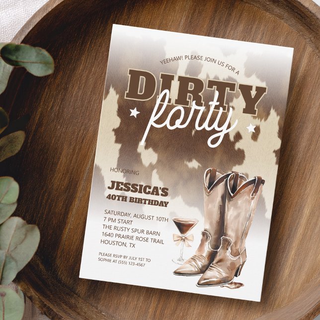 Convites Festa de aniversário de 40 anos ocidental suja de  (Dirty Forty Cowgirl Western 40th Birthday Party Invitation)