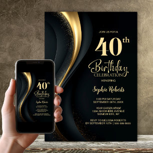Convites Festa de Aniversário de 40 Anos Preto e Dourado