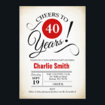 Convites Festa de aniversário de 40 anos - Preto Vermelho B<br><div class="desc">Convite de festas aniversário de 40 anos em preto branco vermelho com fundo retrocremoso. Saúde para 40 anos! Pode ser personalizado em qualquer ano. Envie-me uma mensagem se precisar de mais personalização.</div>