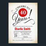 Convites Festa de aniversário de 40 anos - Preto Vermelho B<br><div class="desc">Convite de festas aniversário de 40 anos em preto branco vermelho com fundo retrocremoso. Saúde para 40 anos! Pode ser personalizado em qualquer ano. Envie-me uma mensagem se precisar de mais personalização.</div>