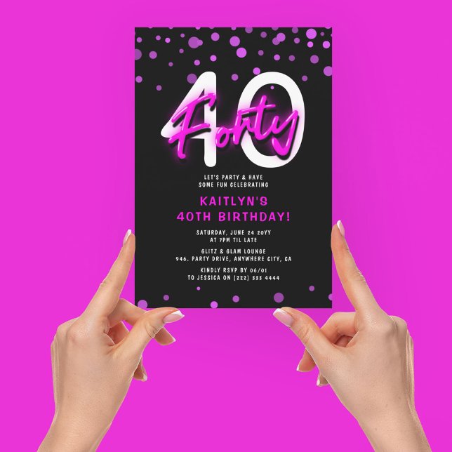 Convites Festa de Aniversário de 40 Anos Rosa Neon (Criador carregado)