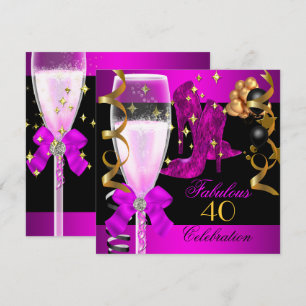 Convites Festa de Aniversário de 40 anos Rosa Roxo Dourado 