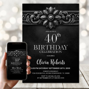 Convites Festa de Aniversário de 40 anos Silver Flower Blac