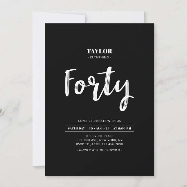 Convites Festa de Aniversário de 40 Anos Simples Preto e Br (Frente)
