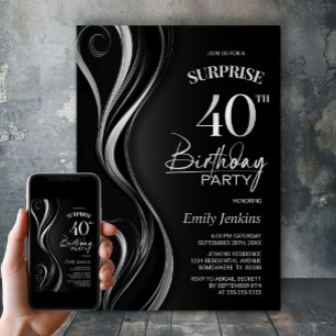 Convites Festa de Aniversário de 40 anos Surpresa Preta e C