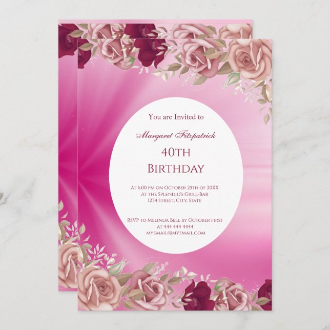 Convites festa de aniversário de 40° Flores Rosa Vermelhas  (Frente/Verso)