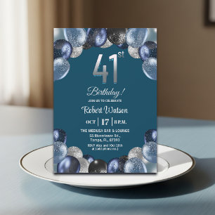 Convites Festa de Aniversário de 41 anos Elegante Azul com 