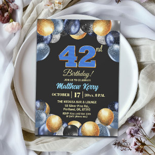 Convites Festa de Aniversário de 42 anos Azul Prata Dourado