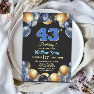 Convites Festa de Aniversário de 43 Anos Azul Prata Dourado