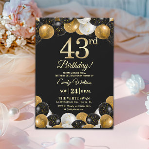 Convites Festa de Aniversário de 43 anos com Brilho Preto e