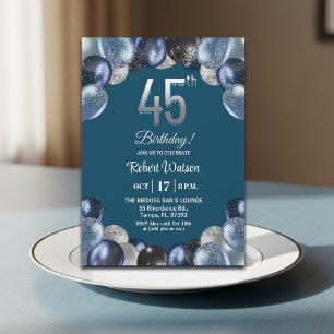Convites Festa de Aniversário de 45 anos Elegante Azul com