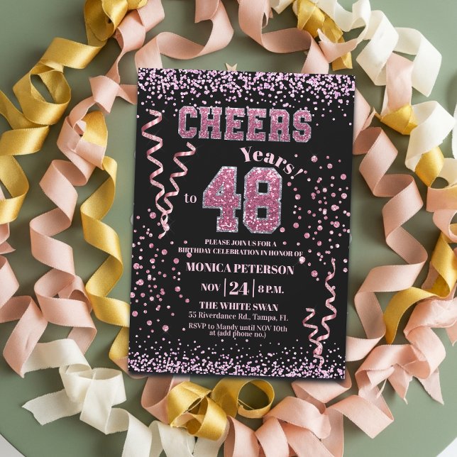 Convites Festa de Aniversário de 48 anos com Brilho Rosa  (Criador carregado)
