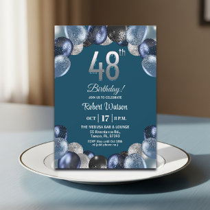 Convites Festa de Aniversário de 48 anos Elegante Azul com 