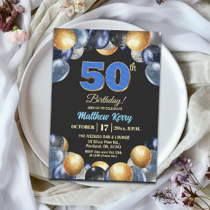Convites Festa de Aniversário de 50 anos Azul Prata Dourado