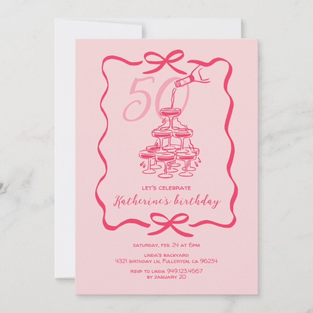 Convites Festa de Aniversário de 50 anos com Champanhe Rosa (Frente)