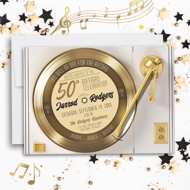 Convites Festa de Aniversário de 50 Anos com Disco de Vinil (Retro vinyl black & gold record player disco solid gold 70's 50th birthday party invitation)