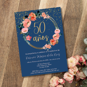 Convites Festa de Aniversário de 50 Anos com Floral Azul El