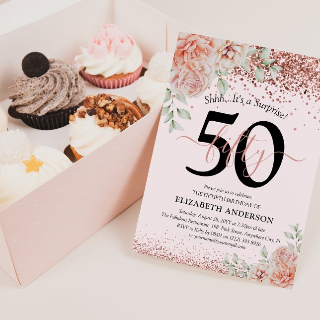 Convites Festa de Aniversário de 50 anos com Floral Rosa El (Criador carregado)