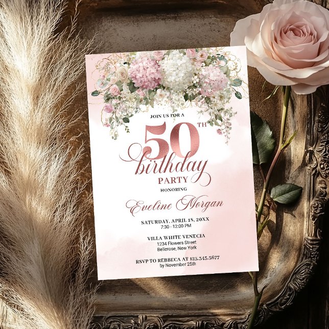 Convites Festa de Aniversário de 50 anos com Flores Rosa Be (Blush Pink Flowers Rose Gold 50th Birthday Party Invitation

)