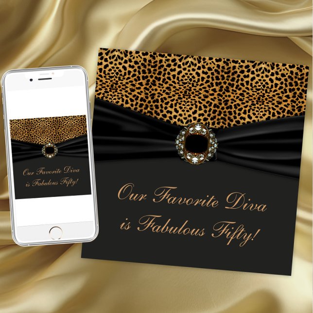 Convites Festa de Aniversário de 50 anos da Diva Mulher Leo (Elegant leopard jewel any occasion invitation. Instant download and printed invitations available.)