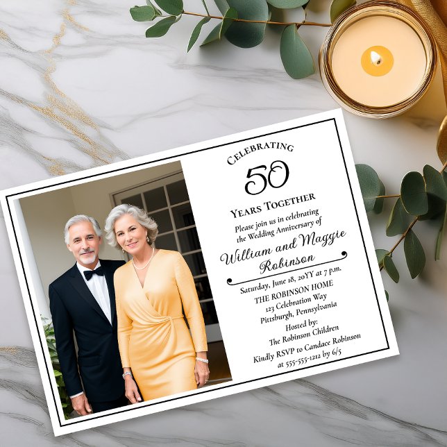 Convites Festa de Aniversário de 50 Anos de Casamento Elega (Elegant Photo 50th Wedding Anniversary Party Invitation - Print | Digital Download)