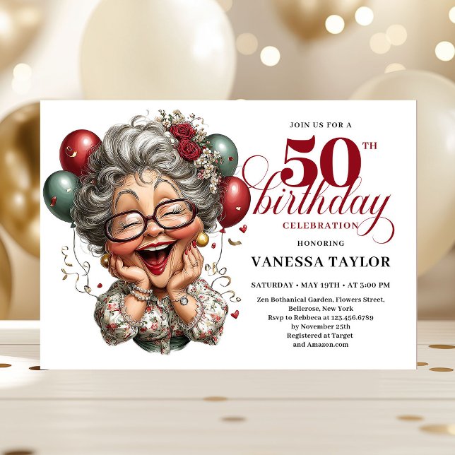Convites Festa de Aniversário de 50 Anos de Diva Engraçada  (Vintage Funny Lady 50th Birthday Humor Party Invitation)