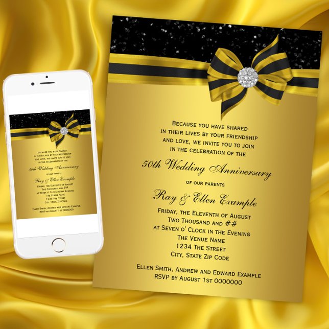 Convites Festa de Aniversário de 50 Anos Elegante com Laço  (Elegant Black and Gold Bow 50th Anniversary Party Invitation. Instant download and printed.)