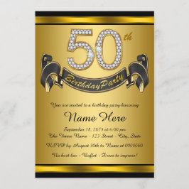 Convites Festa de Aniversário de 50 anos Elegante Dourado
