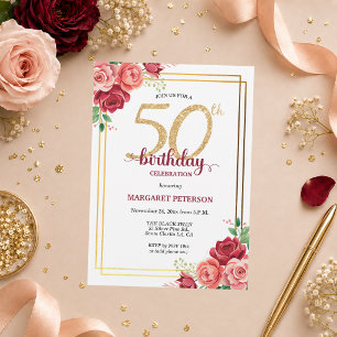 Convites Festa de Aniversário de 50 anos Floral Rosa Elegan