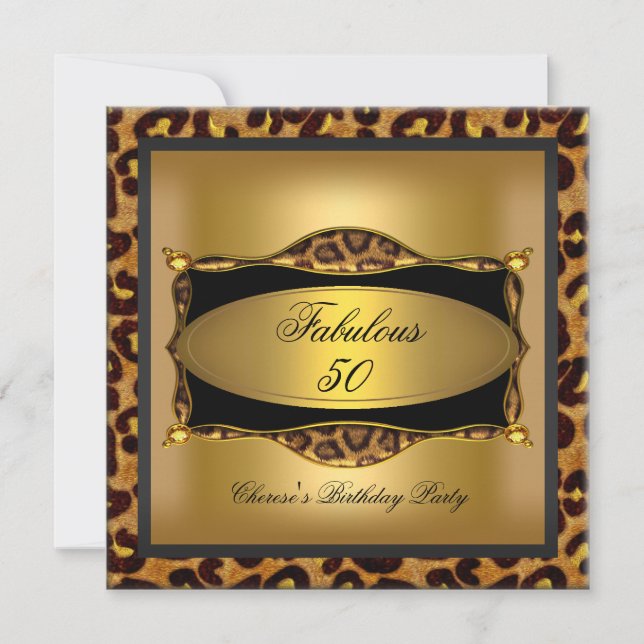 Convites Festa de Aniversário de 50 anos Leopard Gold Black (Frente)