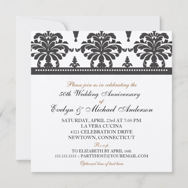 Convites Festa de Aniversário de 50 anos Metálico Dourado E (Frente)