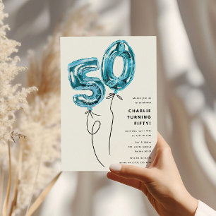 Convites Festa de Aniversário de 50 Anos Minimal Azul Balão