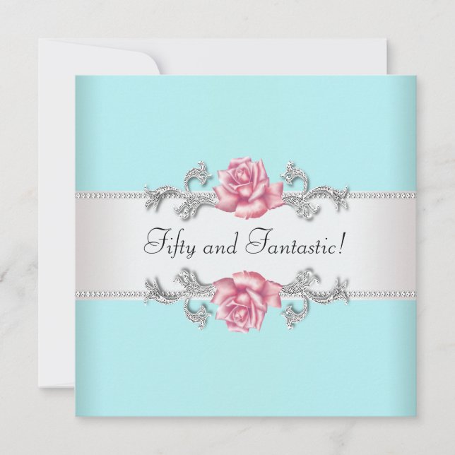 Convites Festa de Aniversário de 50 Anos Mulher Rosas Azuis (Frente)
