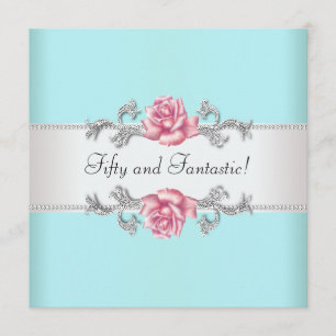 Convites Festa de Aniversário de 50 Anos Mulher Rosas Azuis