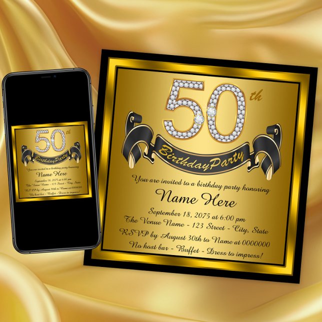 Convites Festa de Aniversário de 50 anos Preto e Dourado (Black and gold 50th birthday invitation. Instant download and printed invitations available.)