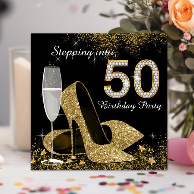 Convites Festa de Aniversário de 50 anos Preto e Dourado (Beautiful black and gold Stepping into 50th birthday invitation. Simply add your event details.)