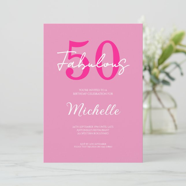 Convites Festa de Aniversário de 50 anos Rosa Moderna e Fab (Em pé/Frente)