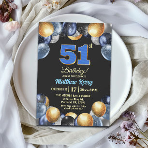 Convites Festa de Aniversário de 51 anos Azul Prata Dourado