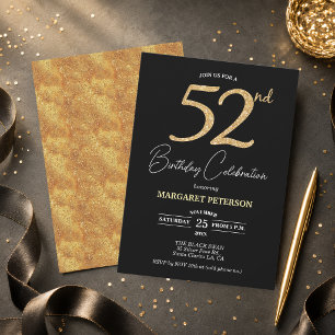 Convites Festa de Aniversário de 52 Anos Elegante Preto Dou