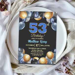 Convites Festa de Aniversário de 53 anos Azul Prata Dourado