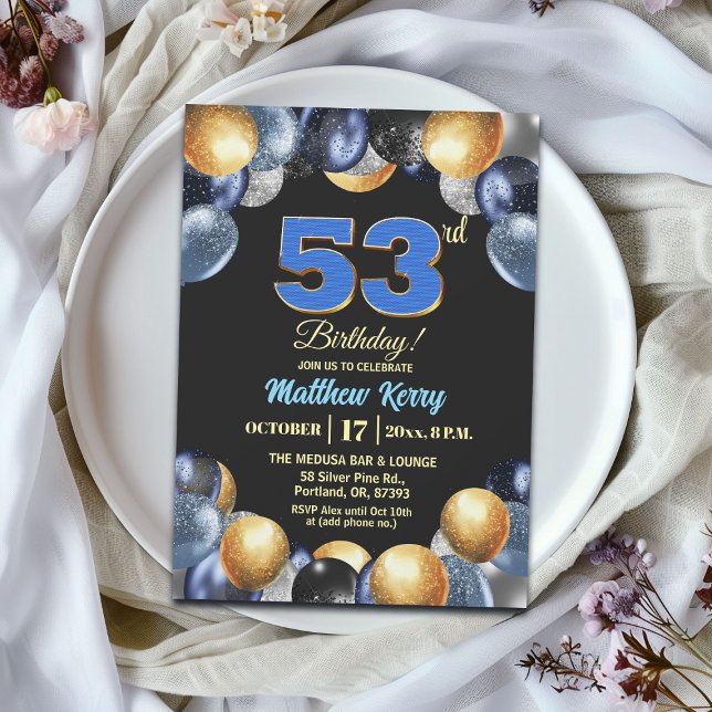 Convites Festa de Aniversário de 53 anos Azul Prata Dourado (Criador carregado)