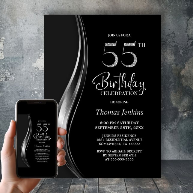 Convites Festa de Aniversário de 55 Anos com Estilo Preto e (Criador carregado)