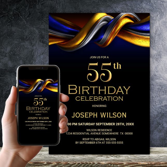 Convites Festa de Aniversário de 55 Anos Moderna em Azul e  (Criador carregado)