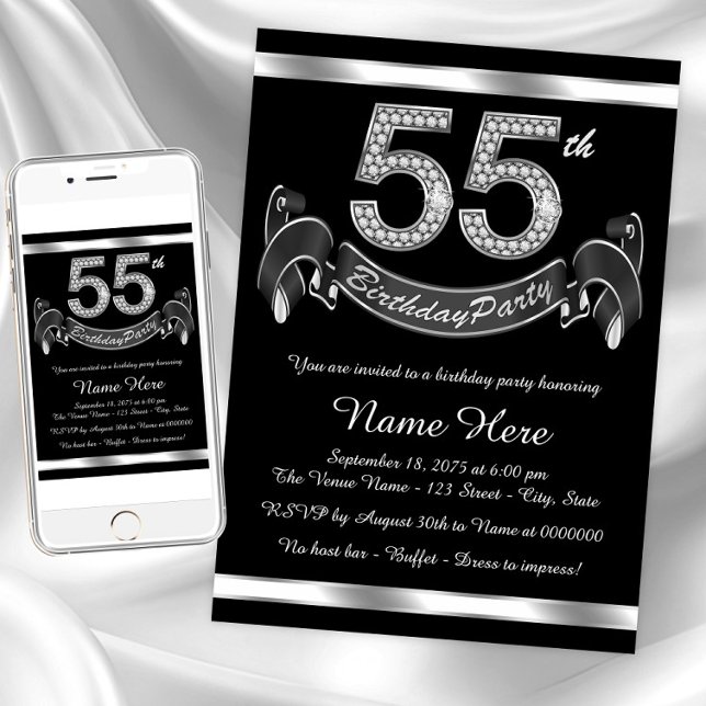 Convites Festa de Aniversário de 55 anos Prata (Classy 55th birthday party invitation. Instant download and printed invitations available.)