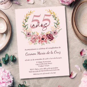 Convites Festa de Aniversário de 55 Anos Rosa Espanhol Flor