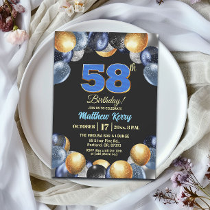 Convites Festa de Aniversário de 58 anos Azul Prata Dourado