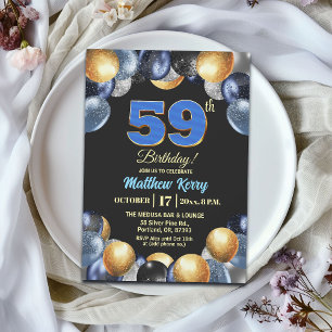 Convites Festa de Aniversário de 59 anos Azul Prata Dourado