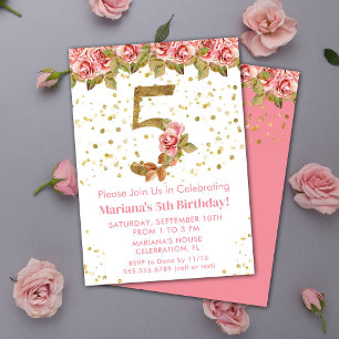 Convites Festa de Aniversário de 5 anos com Rosas Florais R